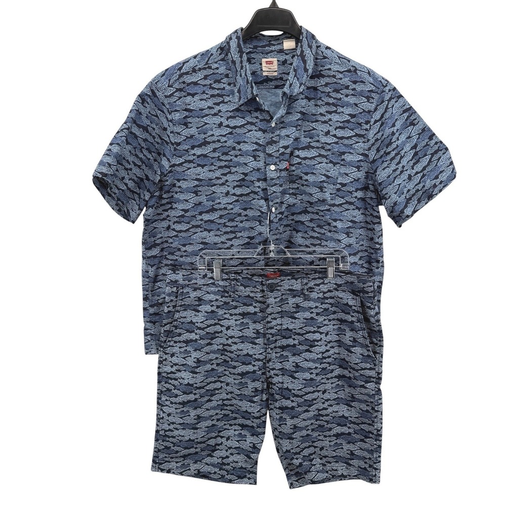 Levis 2 PC Set Mens Shirt (XXL) & Shorts (XX-Chino) Pre-Owned All Over Blue Fish